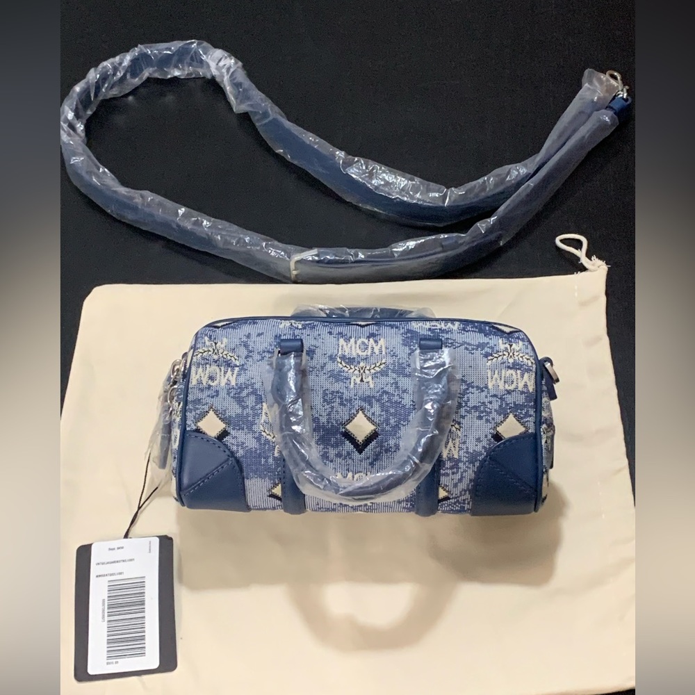 Mcm Boston Mini Blue Vintage Jacquard Logo Fabric Satchel Crossbody